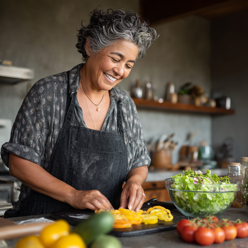 Mujer latina de 55 años sonriendo mientras prepara una ensalada saludable con verduras frescas en su cocina moderna
