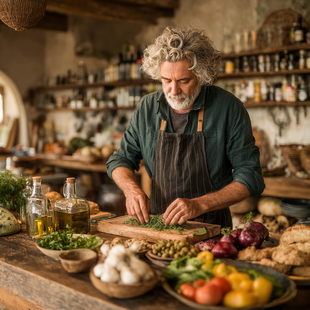Hombre de 58 años con cabello gris preparando una comida mediterránea con vegetales frescos y aceite de oliva en una cocina luminosa