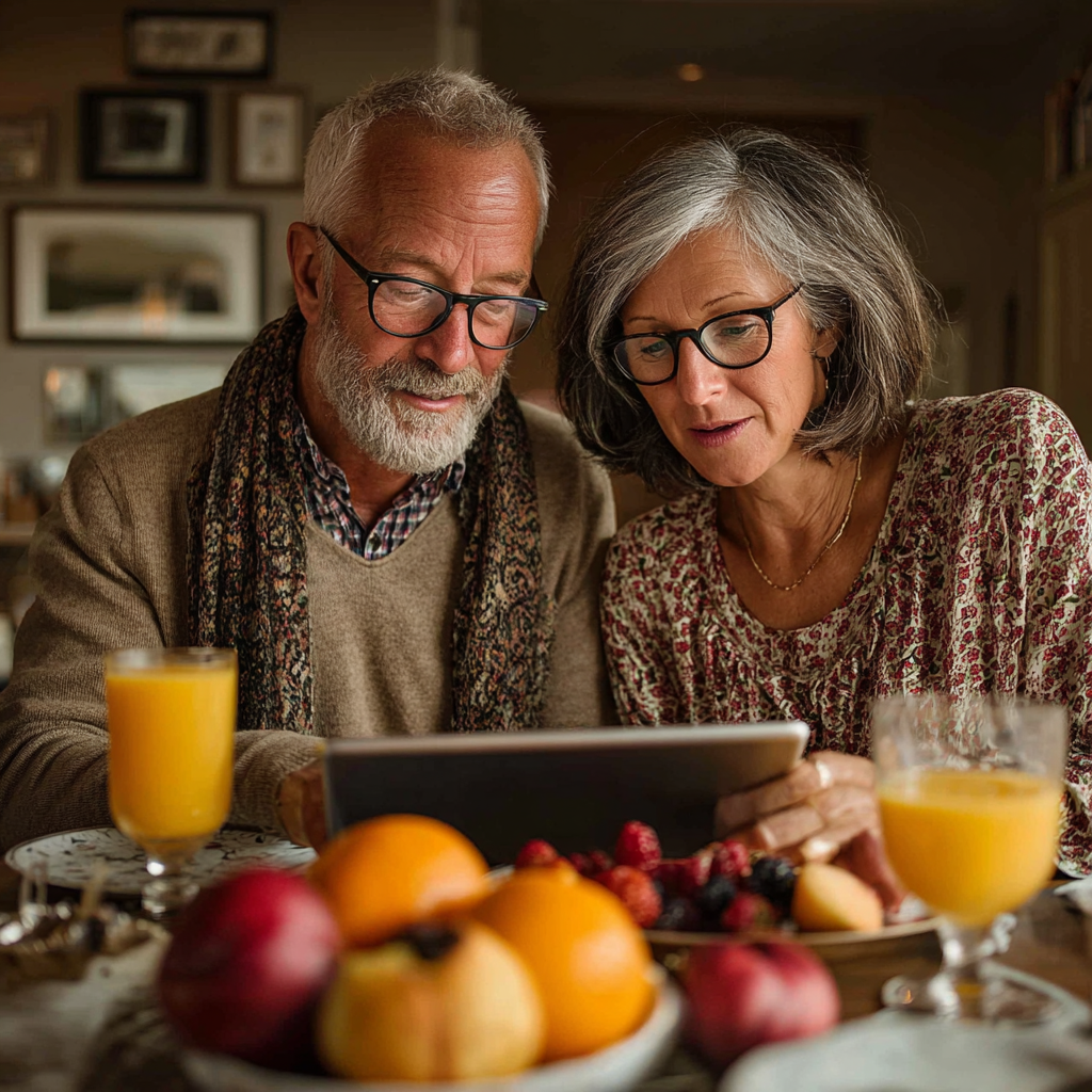 Pareja de 60 años revisando juntos un plan de alimentación personalizado en una tablet mientras desayunan frutas frescas en su comedor
