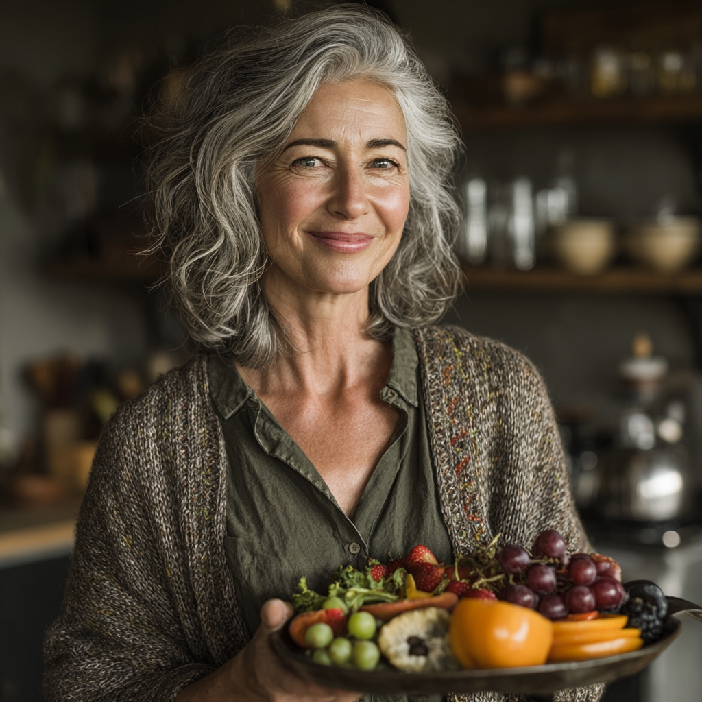 Mujer de 52 años feliz sosteniendo un plato colorido con una comida balanceada mientras sonríe en su cocina iluminada con luz natural